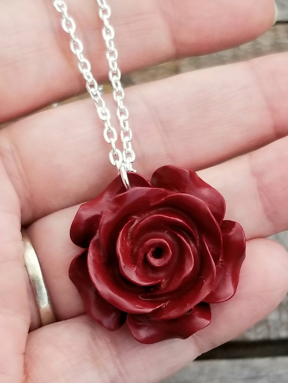 Cinnabar Jade Rose Pendant Necklace, Red Rose Jewelry, Floral Necklace